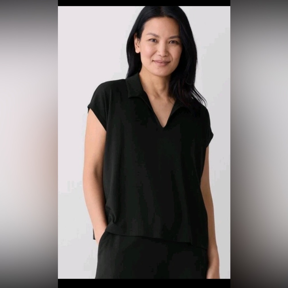 Eileen Fisher Black Fine Jersey Split Neck Top, Size Small